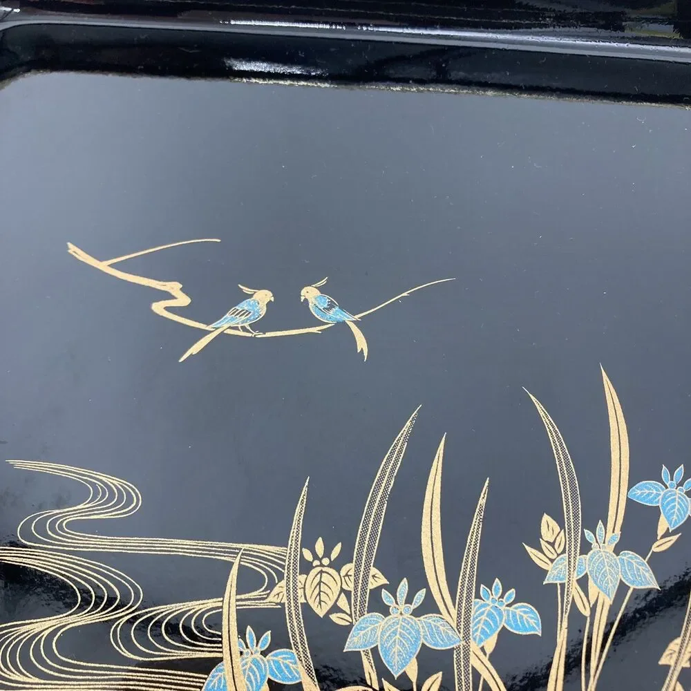 2 Set Vtg Toyo Japan Blue Iris Birds Black Lacquer Decorative Trays Gold Reeds